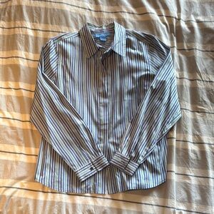 Doncaster Blue Green and White Striped silk and cotton Casual Button Down Shirt